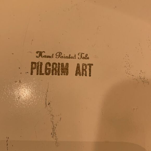 Vintage handpainted tile pilgrim art metal tray - Picture 5 of 5